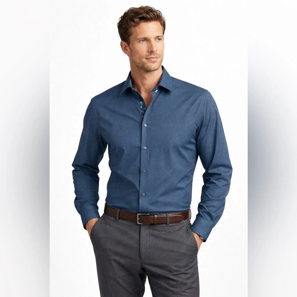 NWT Ted Baker Endurance Men 15 34/35 Blue Twill Stripe Floral Trim Dress Shirt
